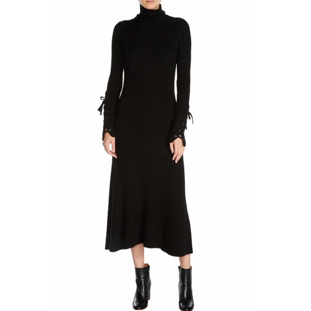 Maje Rafaela Ribbed Knit Lace-up Sleeve Midi Dress in Black - New With Tags